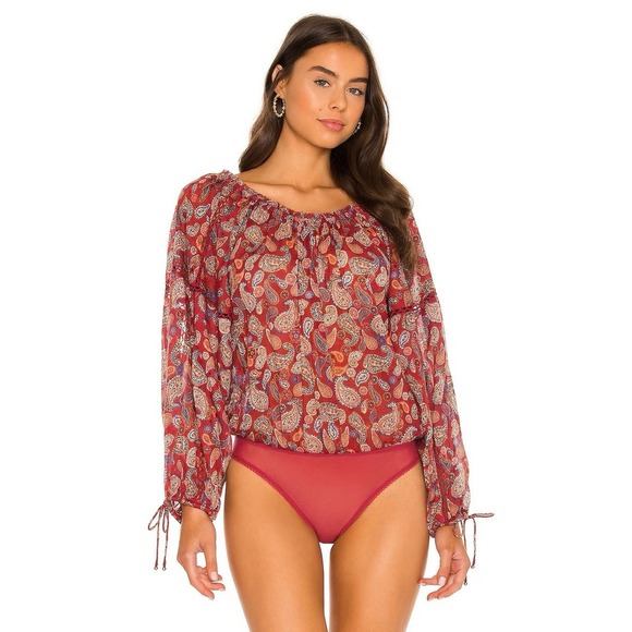 Intimately Free People Sundown‎ Paisley Long Sleeve Bodysuit Blouse Red S Boho - Picture 1 of 16